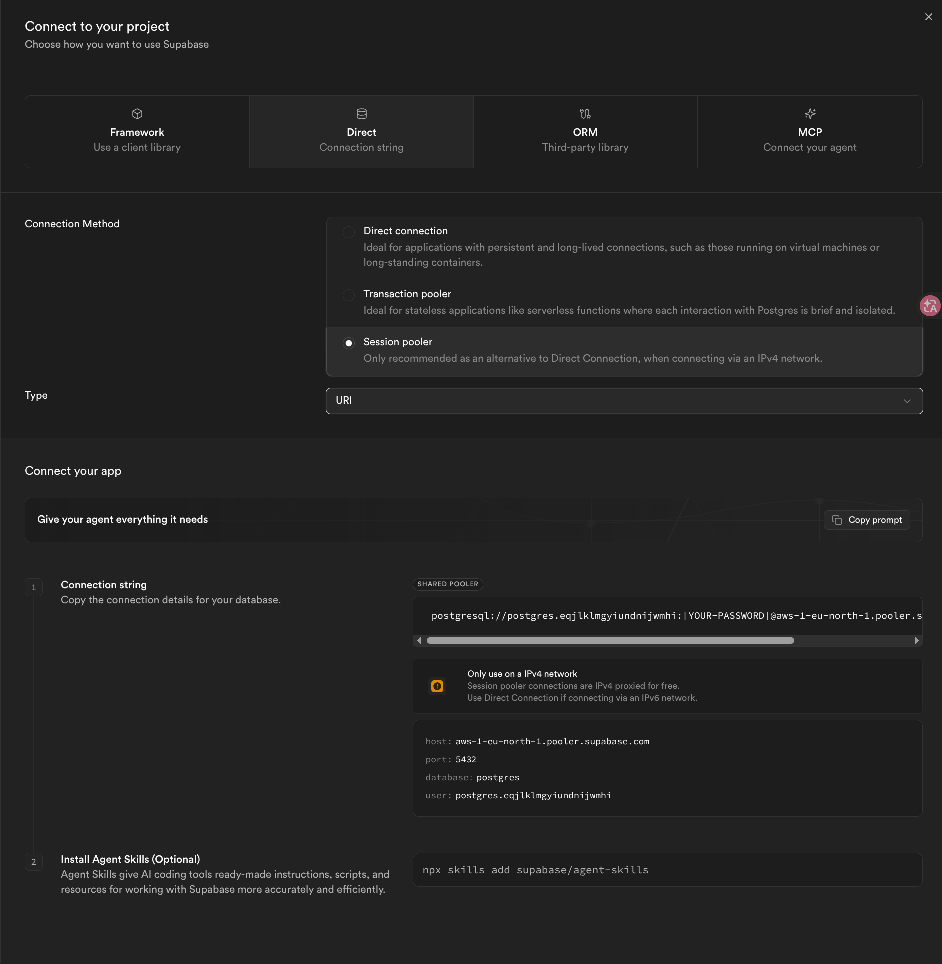 Supabase Connect panel showing Direct and Session pooler connection methods