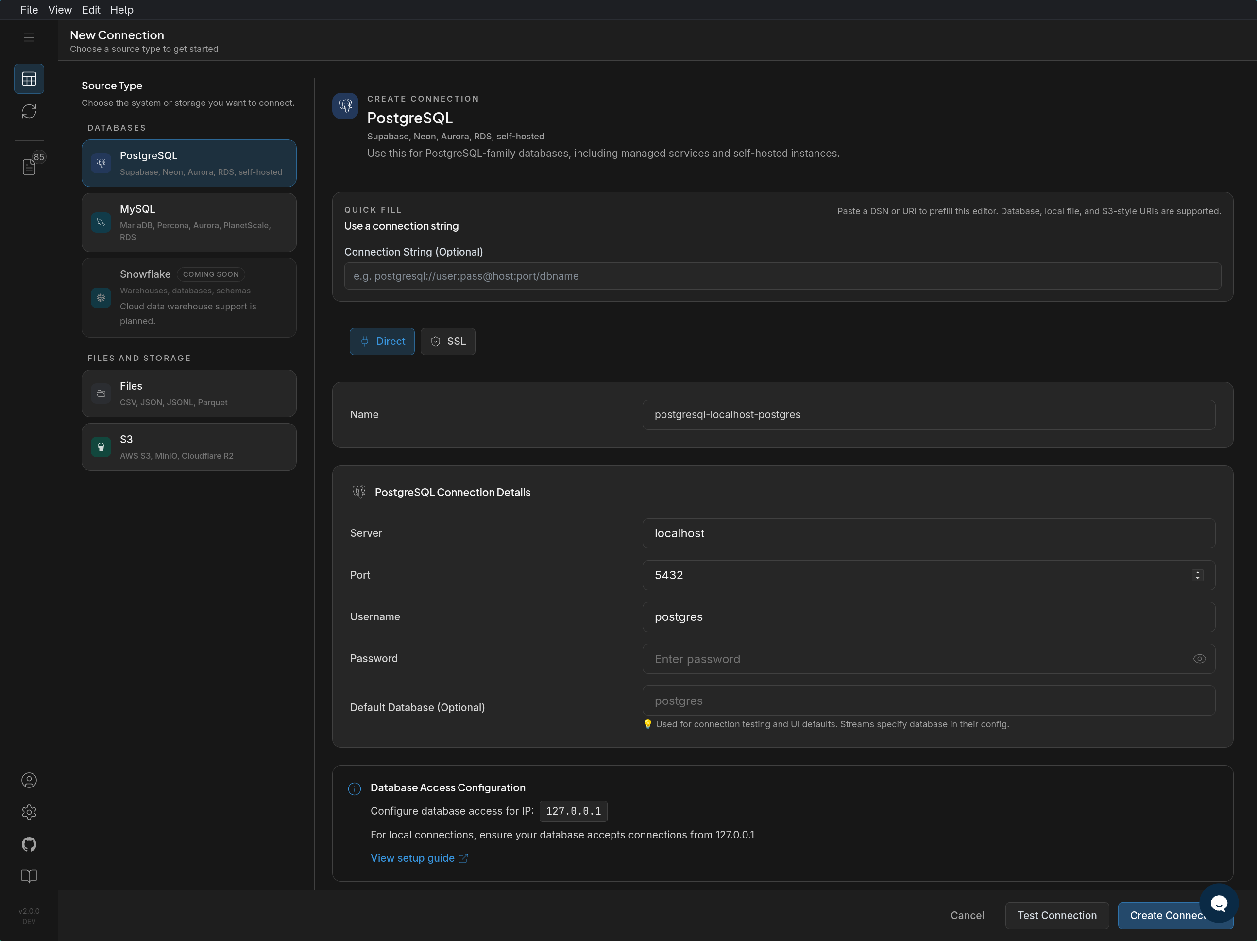 DBConvert Streams New Connection screen with PostgreSQL selected