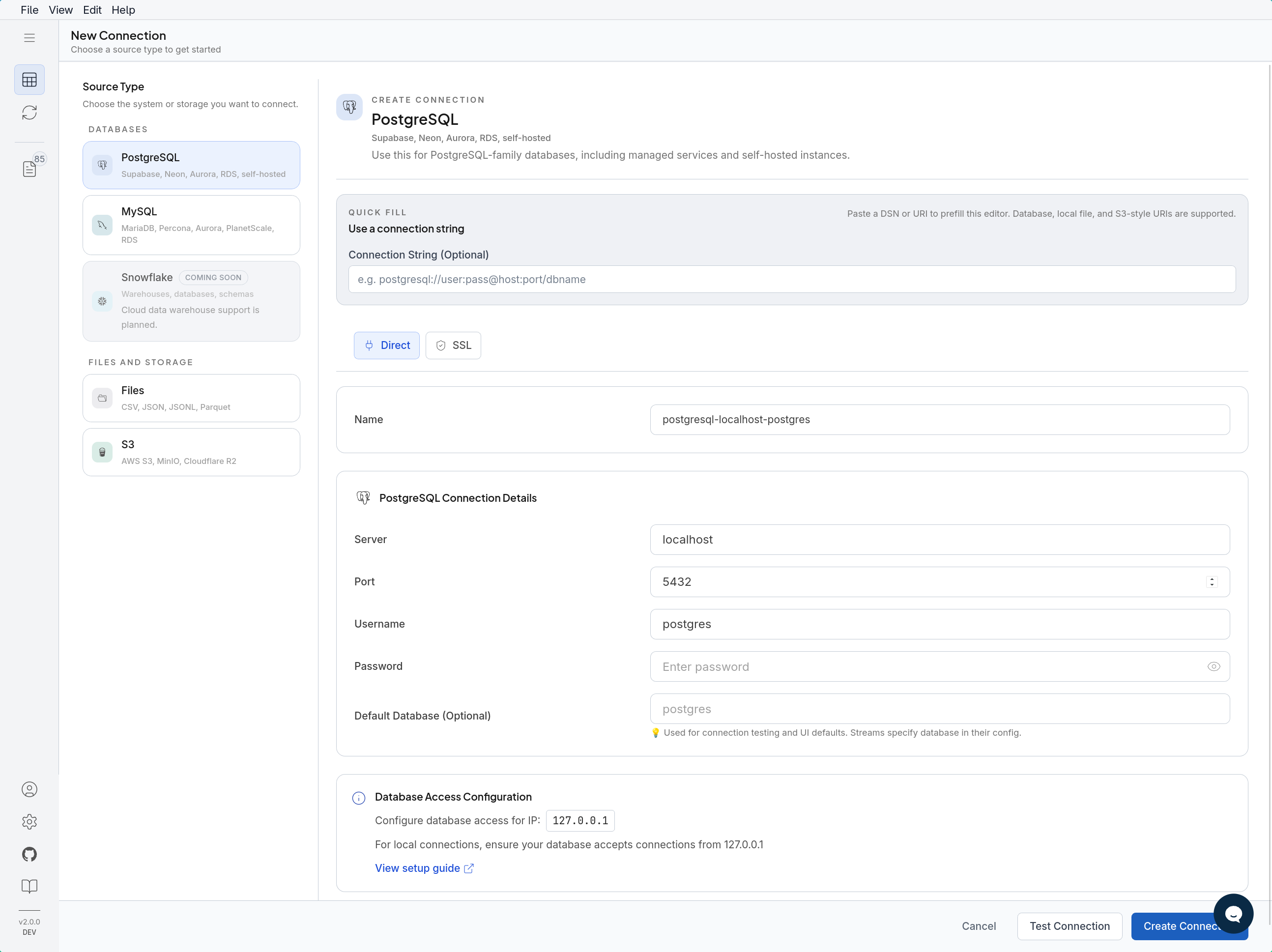 DBConvert Streams New Connection screen with PostgreSQL selected