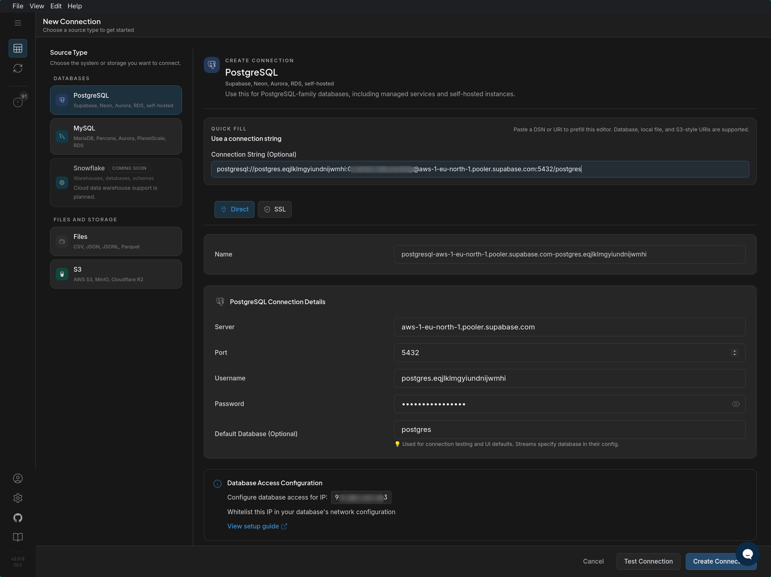DBConvert Streams PostgreSQL connection form filled from a Supabase URI