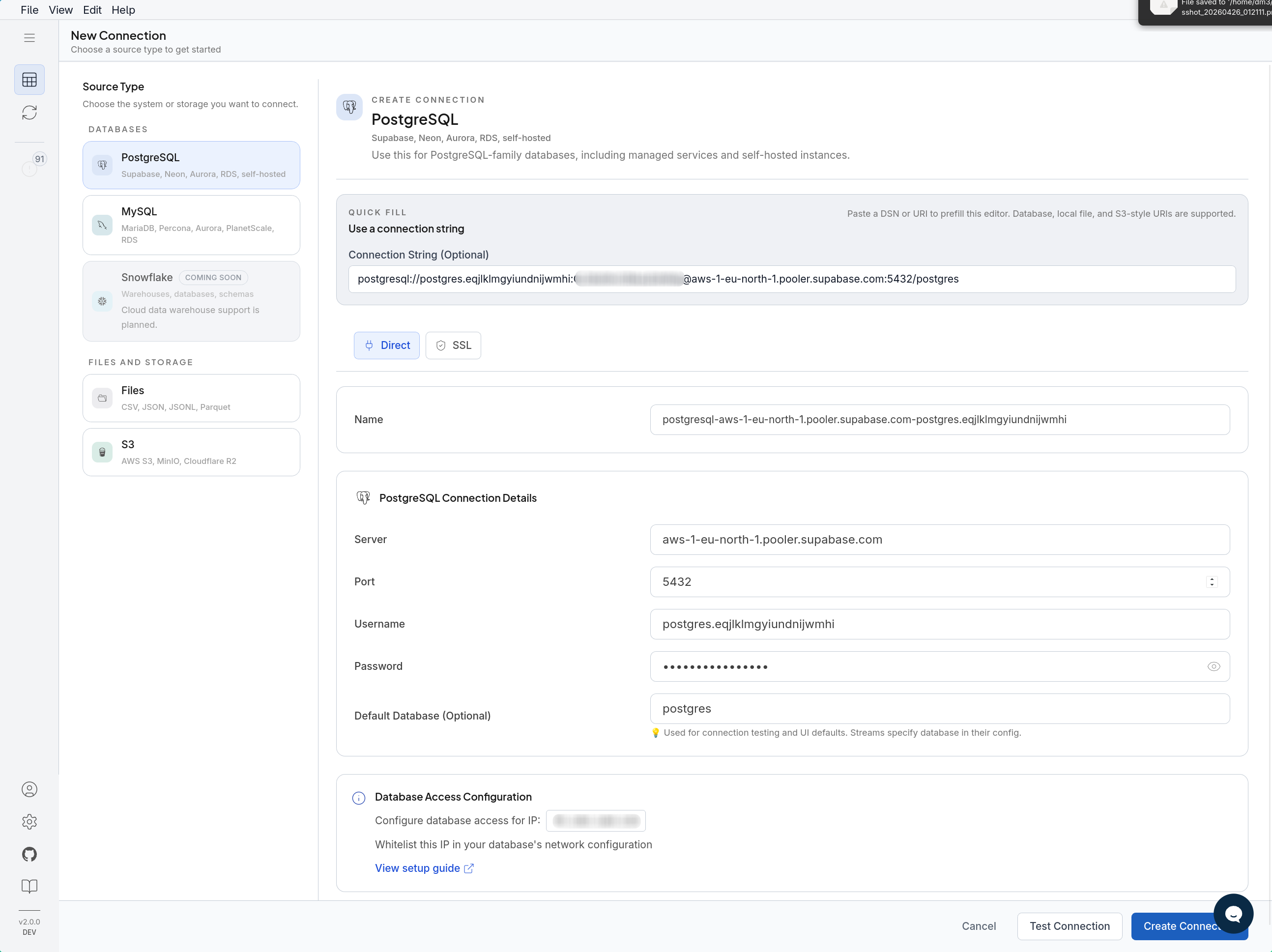DBConvert Streams PostgreSQL connection form filled from a Supabase URI