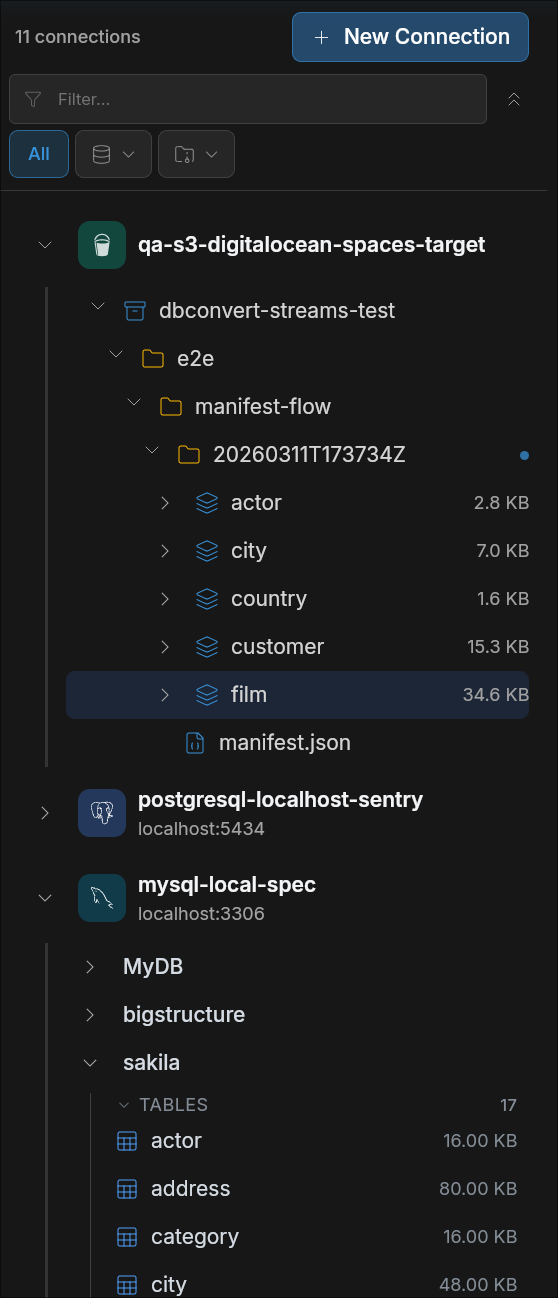 Navigator sidebar showing S3, PostgreSQL, and MySQL connections