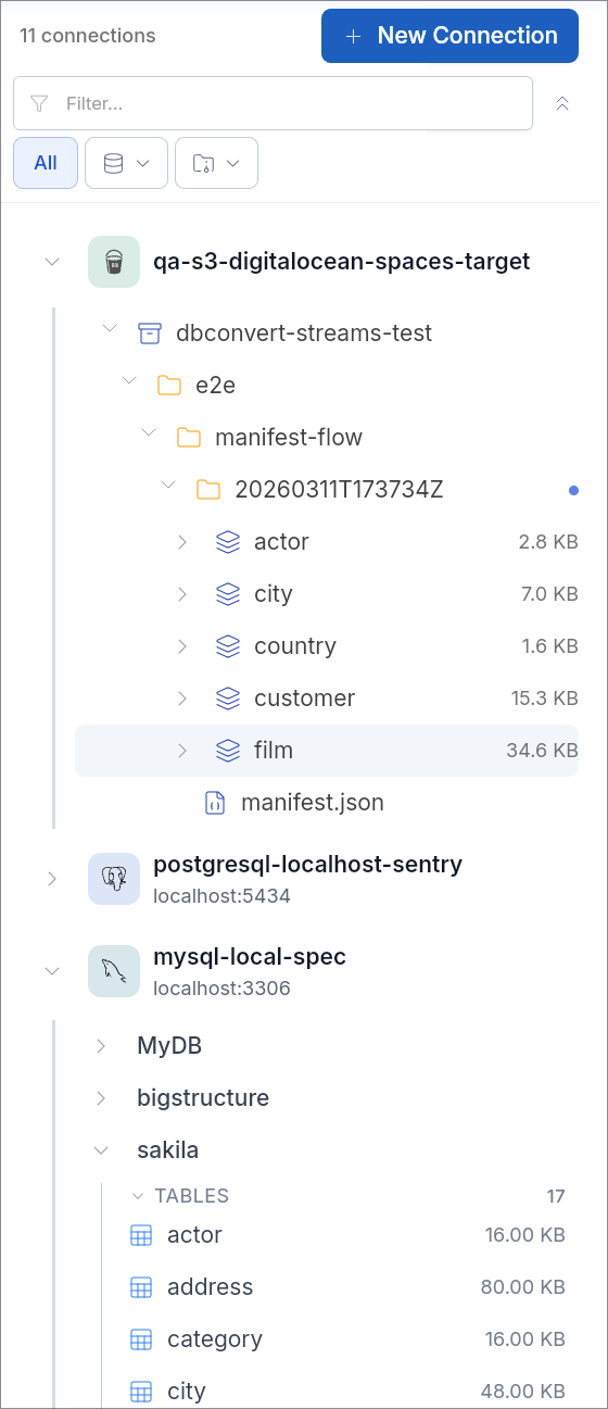 Navigator sidebar showing S3, PostgreSQL, and MySQL connections