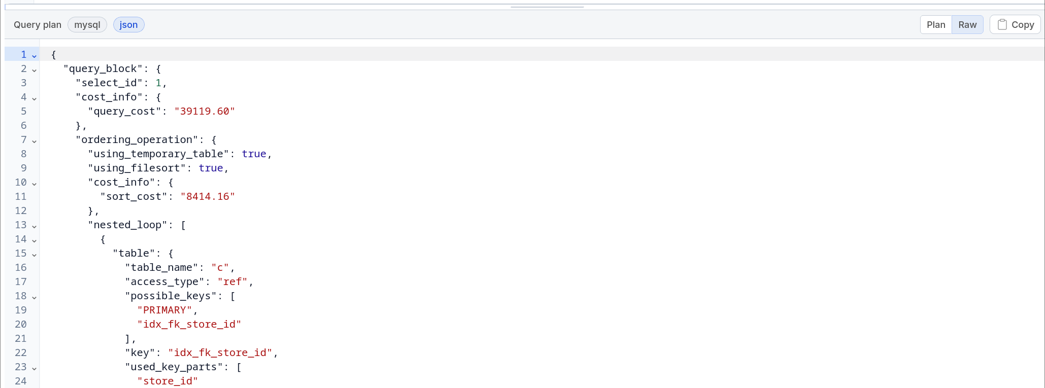 MySQL raw JSON query plan output in the SQL Console