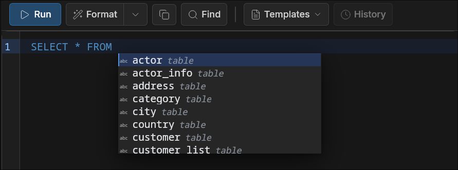 SQL autocomplete suggesting table names after FROM keyword