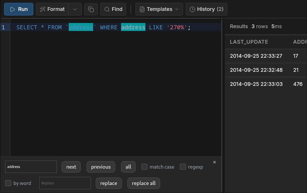 Find and Replace panel with match highlighting, navigation, and replace options