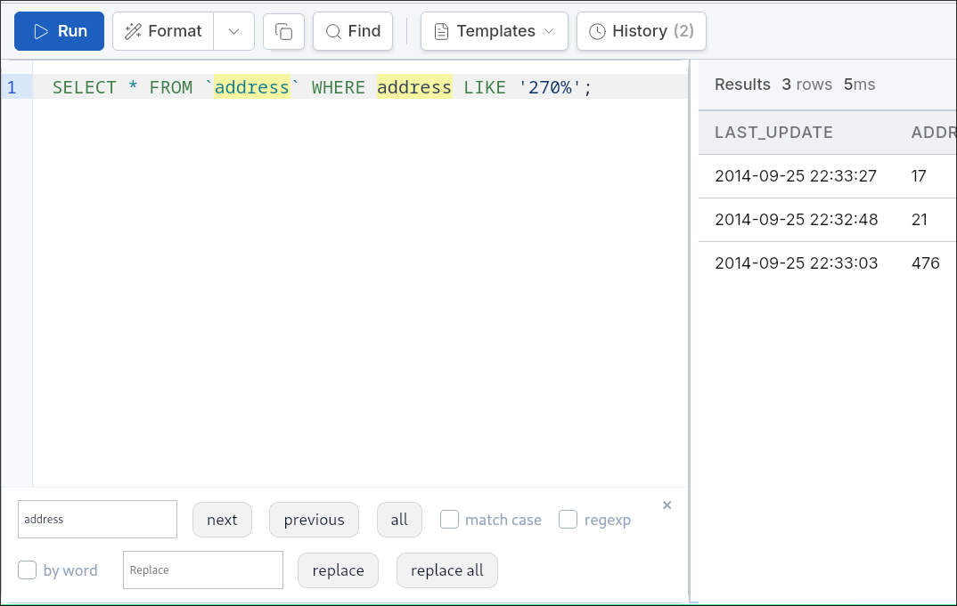 Find and Replace panel with match highlighting, navigation, and replace options