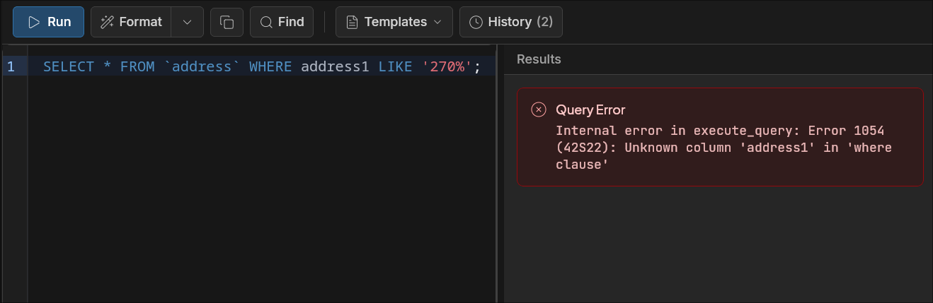 Query error displayed in the results panel with error details