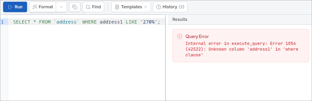 Query error displayed in the results panel with error details