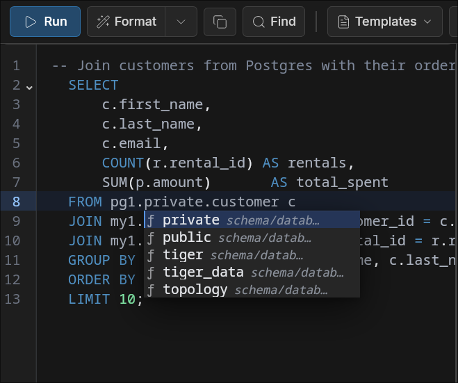 Dialect-aware syntax highlighting with keywords, functions, and comments colored