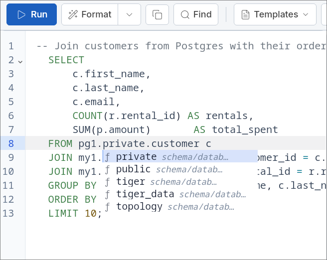 Dialect-aware syntax highlighting with keywords, functions, and comments colored
