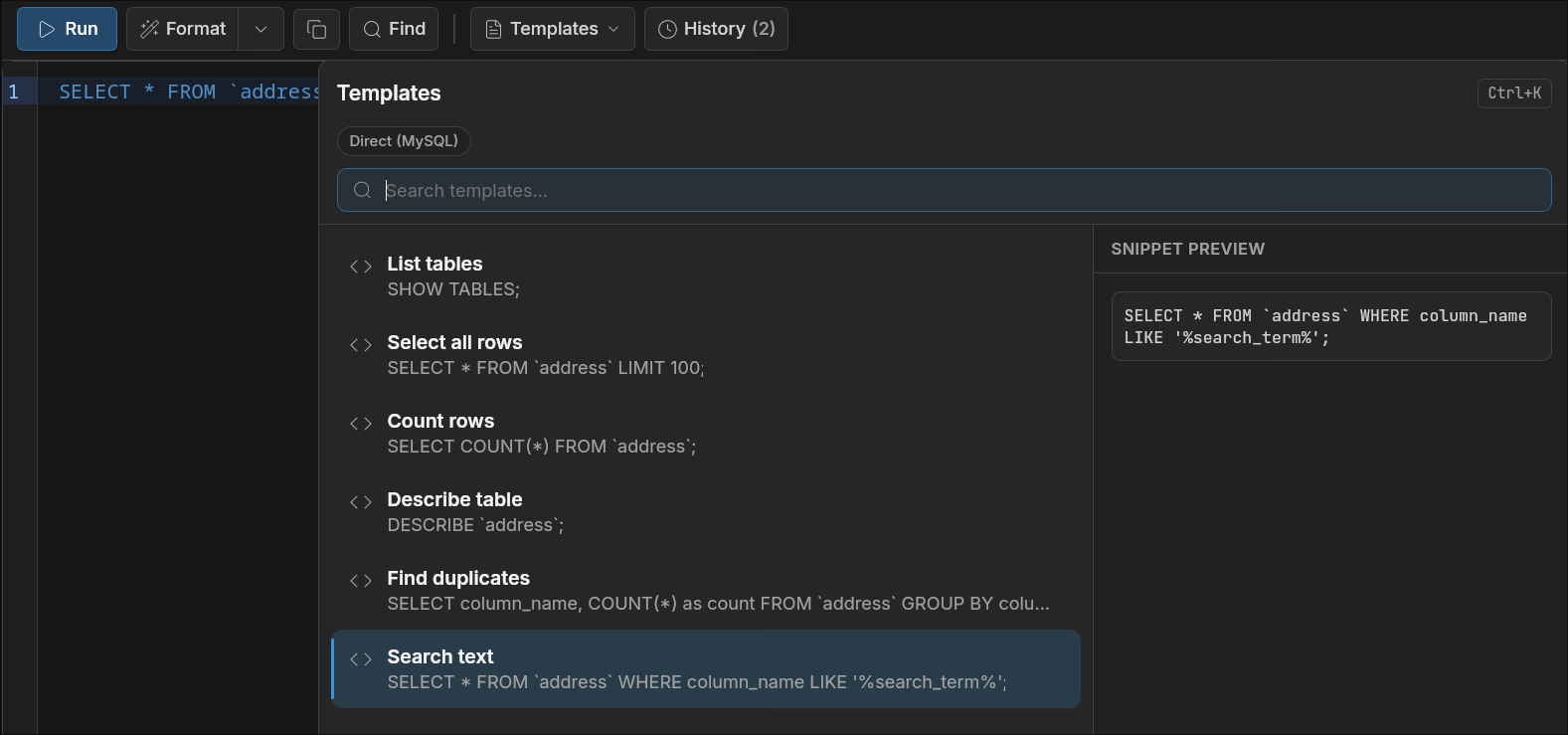 Templates panel with searchable SQL snippets and snippet preview