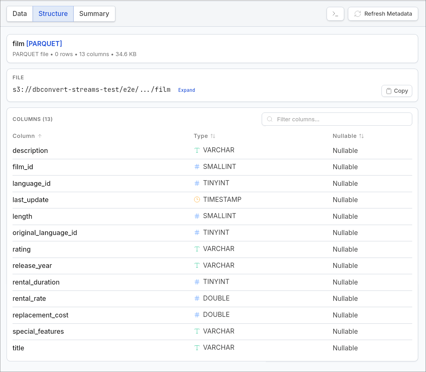 File structure view showing Parquet file columns and metadata