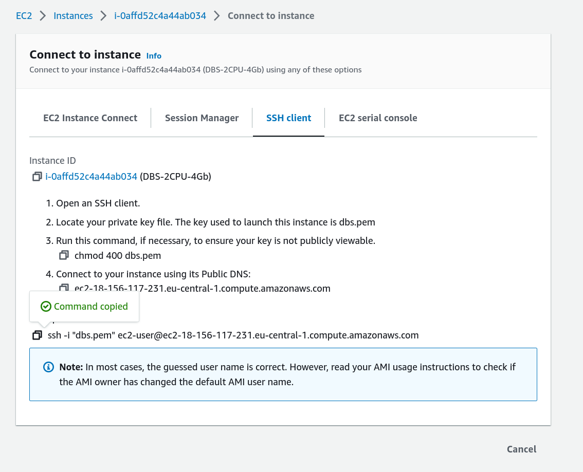 EC2 Connect dialog with SSH command