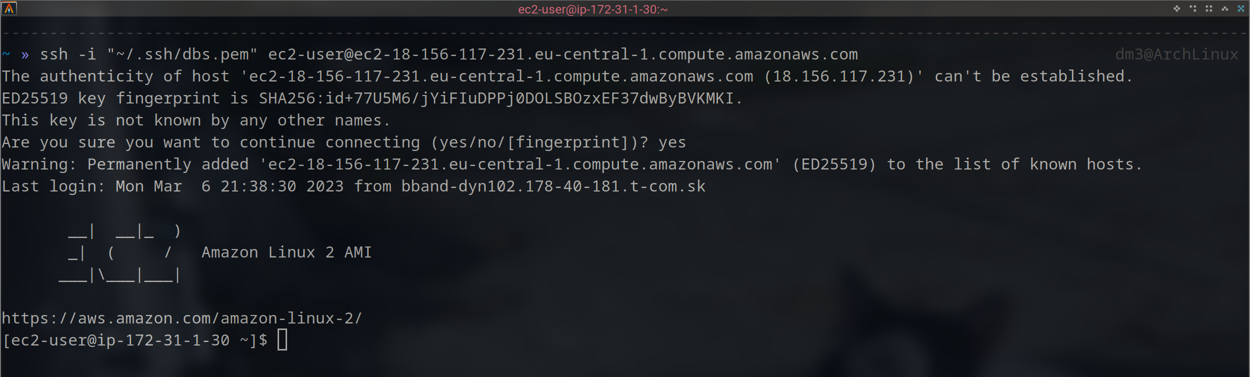 Successful SSH connection to the EC2 instance