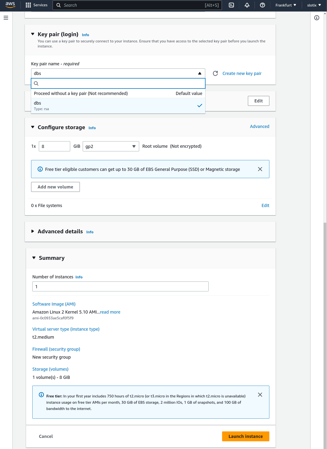 Configure key pair, storage, and launch