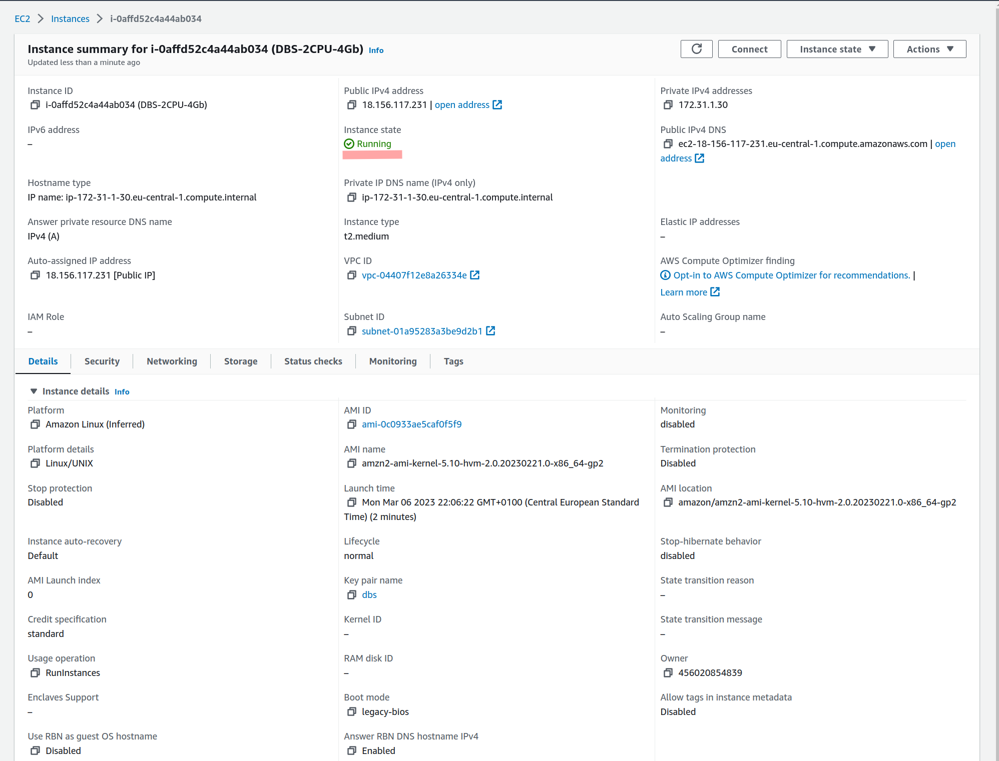 EC2 instance summary with public IP and running state