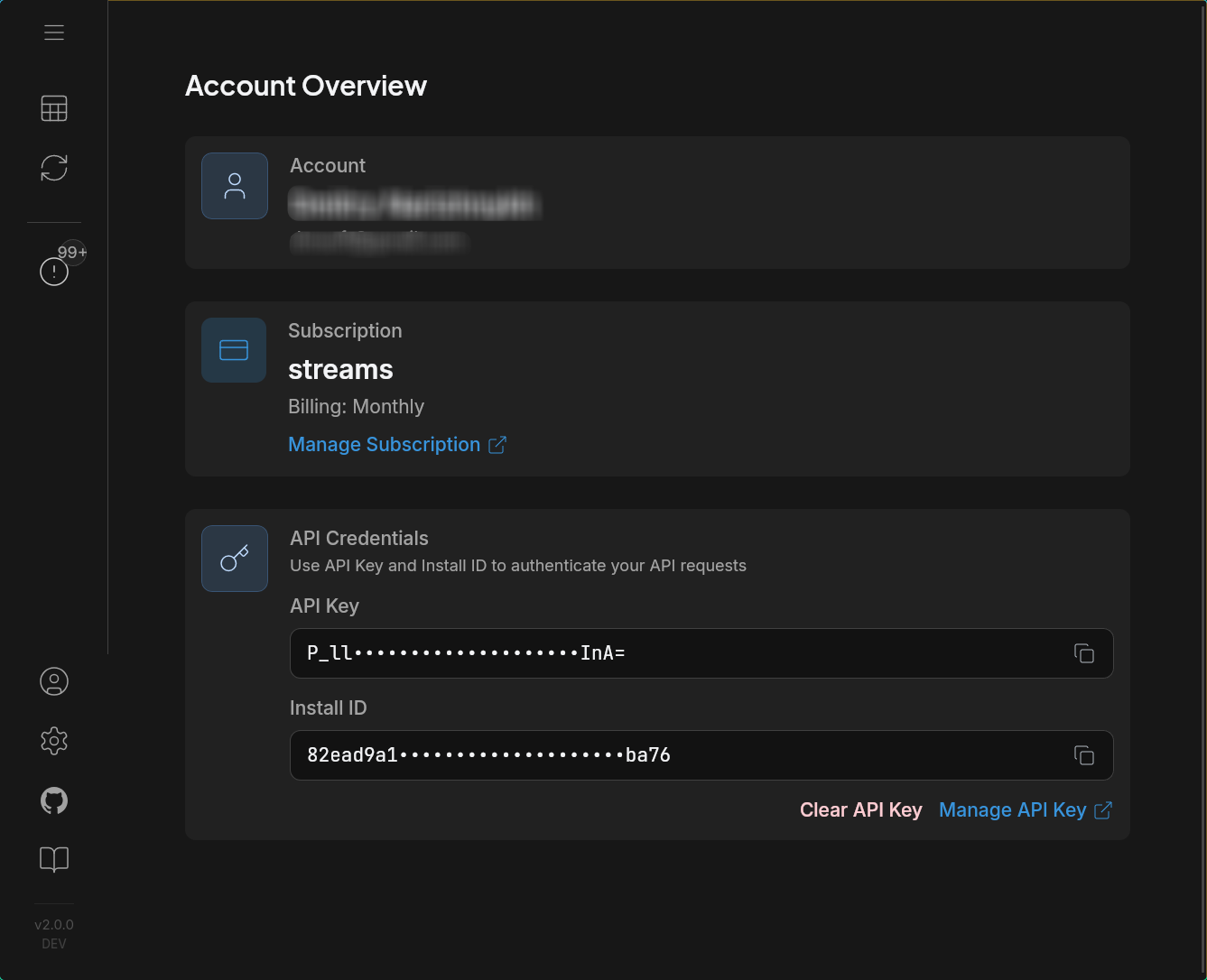 Account Overview showing subscription, API key, and install ID