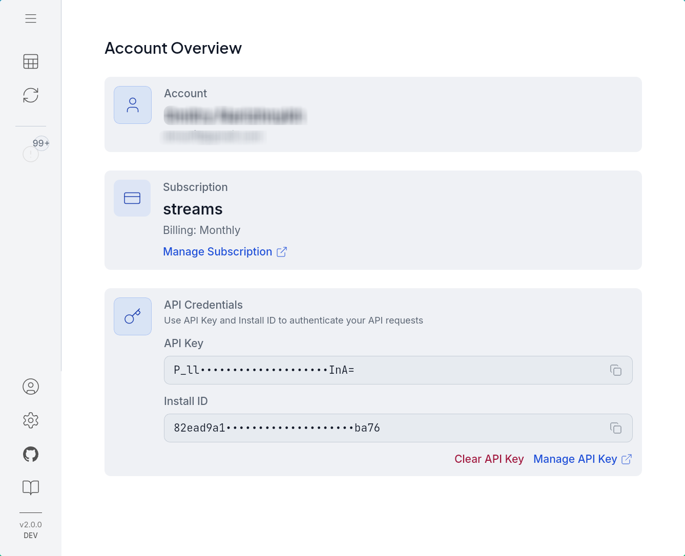 Account Overview showing subscription, API key, and install ID