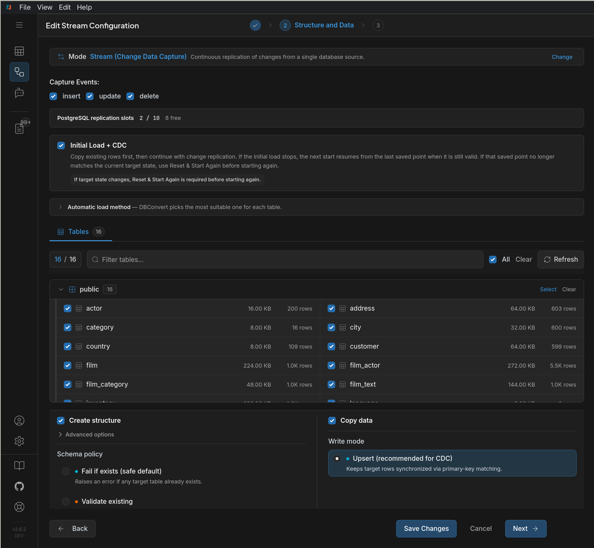 Structure and Data step with Stream (Change Data Capture) selected, Capture Events, Initial Load + CDC, and Upsert write mode