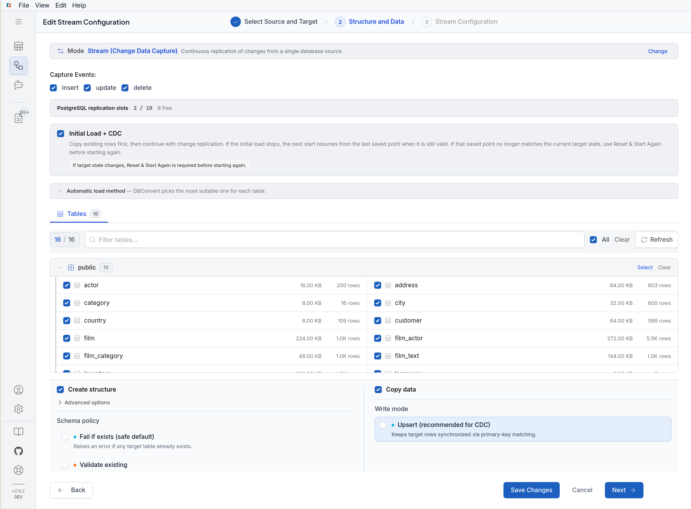 Structure and Data step with Stream (Change Data Capture) selected, Capture Events, Initial Load + CDC, and Upsert write mode