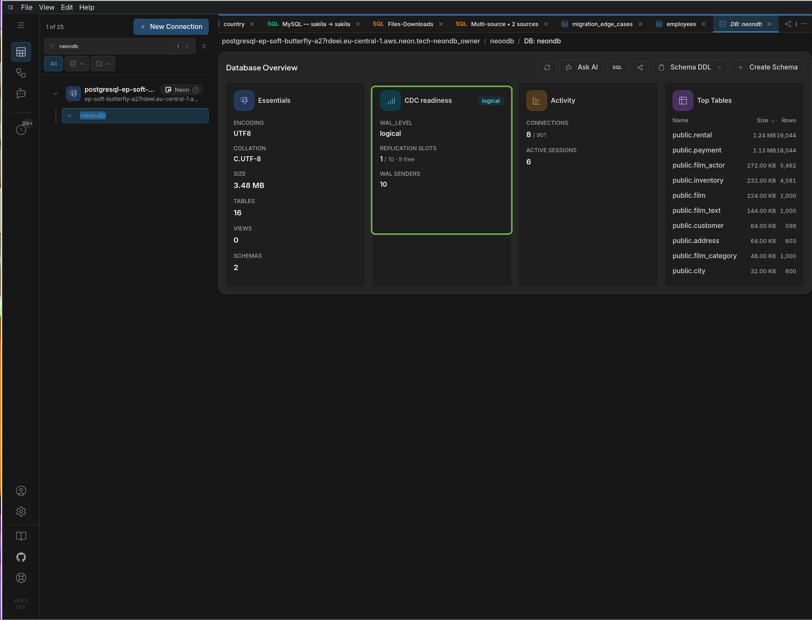 CDC readiness card in DBConvert Streams showing wal_level logical for a Neon database