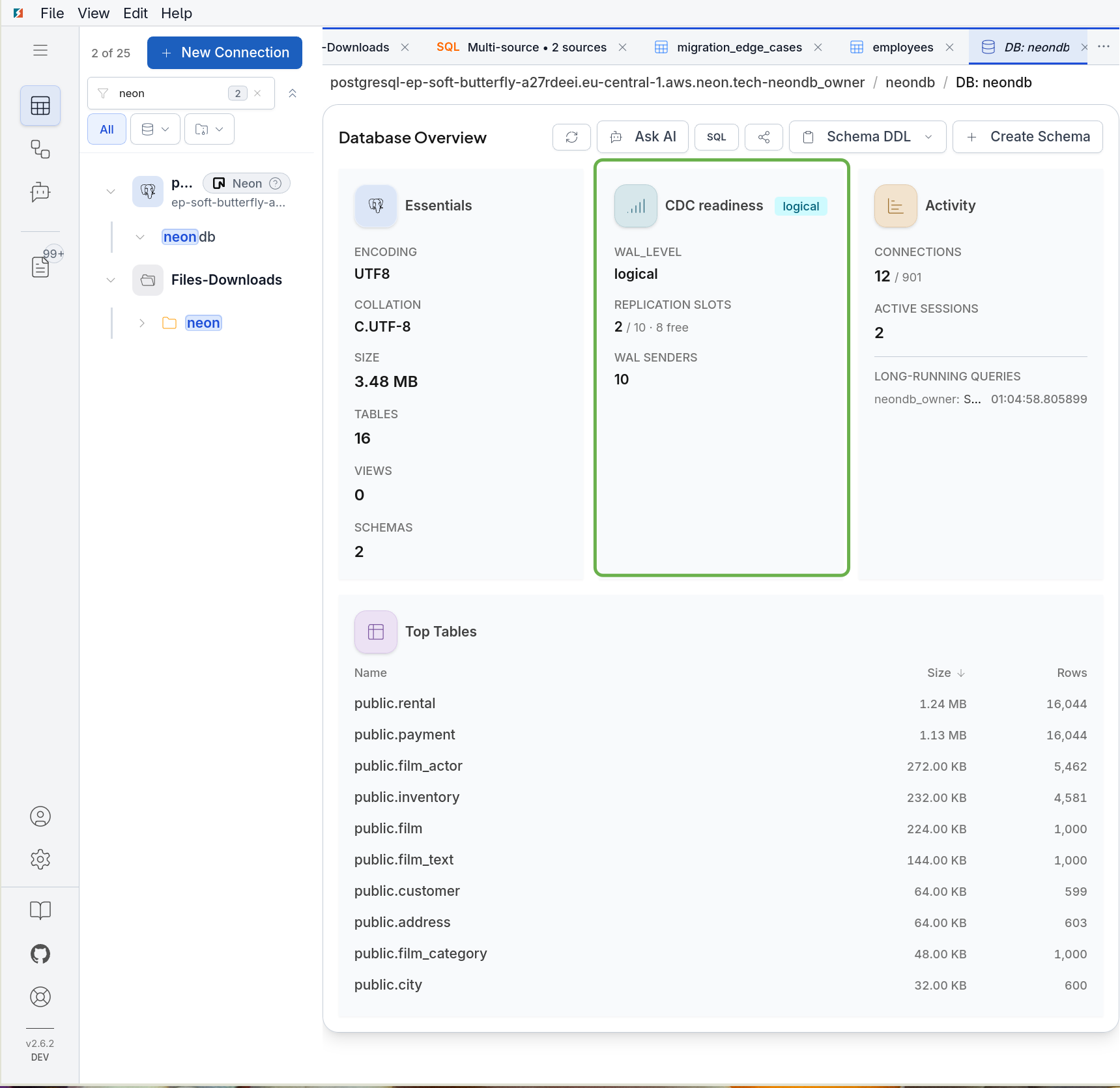 CDC readiness card in DBConvert Streams showing wal_level logical for a Neon database