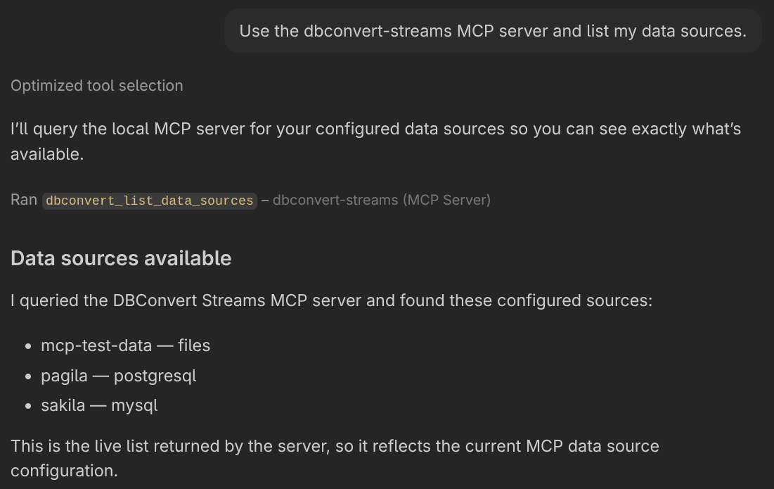 An AI client asked to list data sources, calling the server's list tool and answering with a folder of files, a PostgreSQL database and a MySQL one