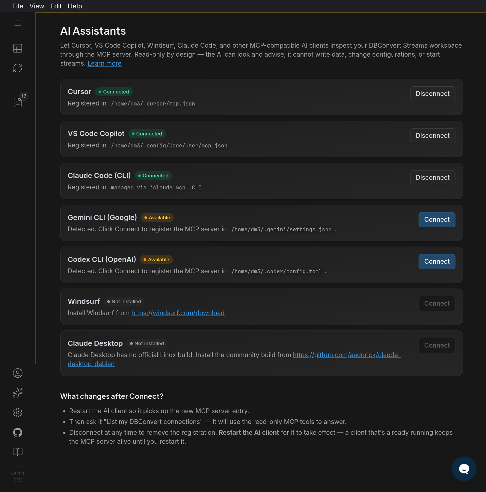 AI Assistants panel showing seven clients with status badges and Connect/Disconnect buttons