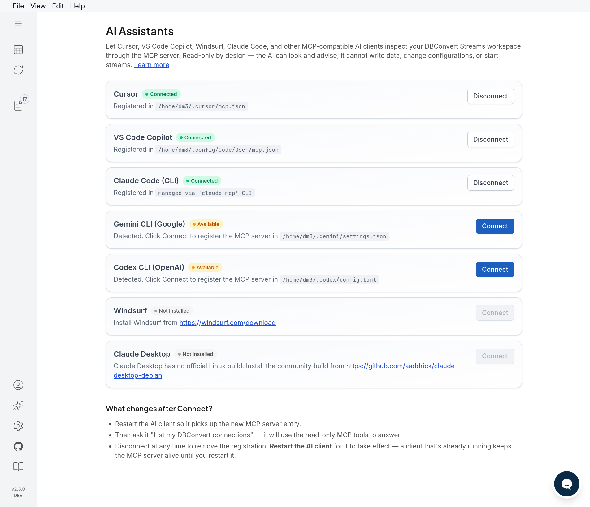 AI Assistants panel showing seven clients with status badges and Connect/Disconnect buttons