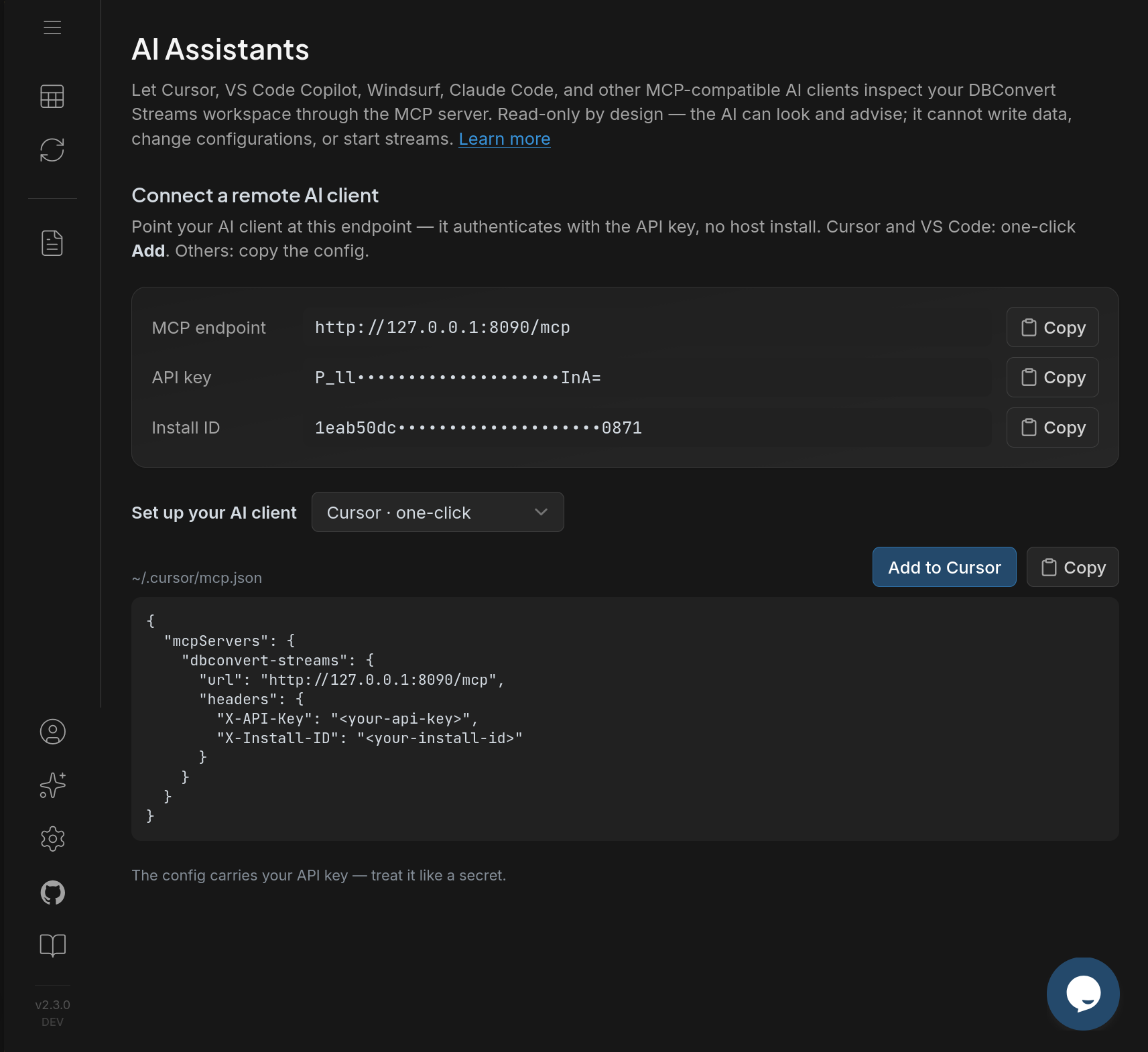 AI Assistants panel in the web UI: MCP endpoint, API key and Install ID, a client picker, and a one-click Add button for Cursor