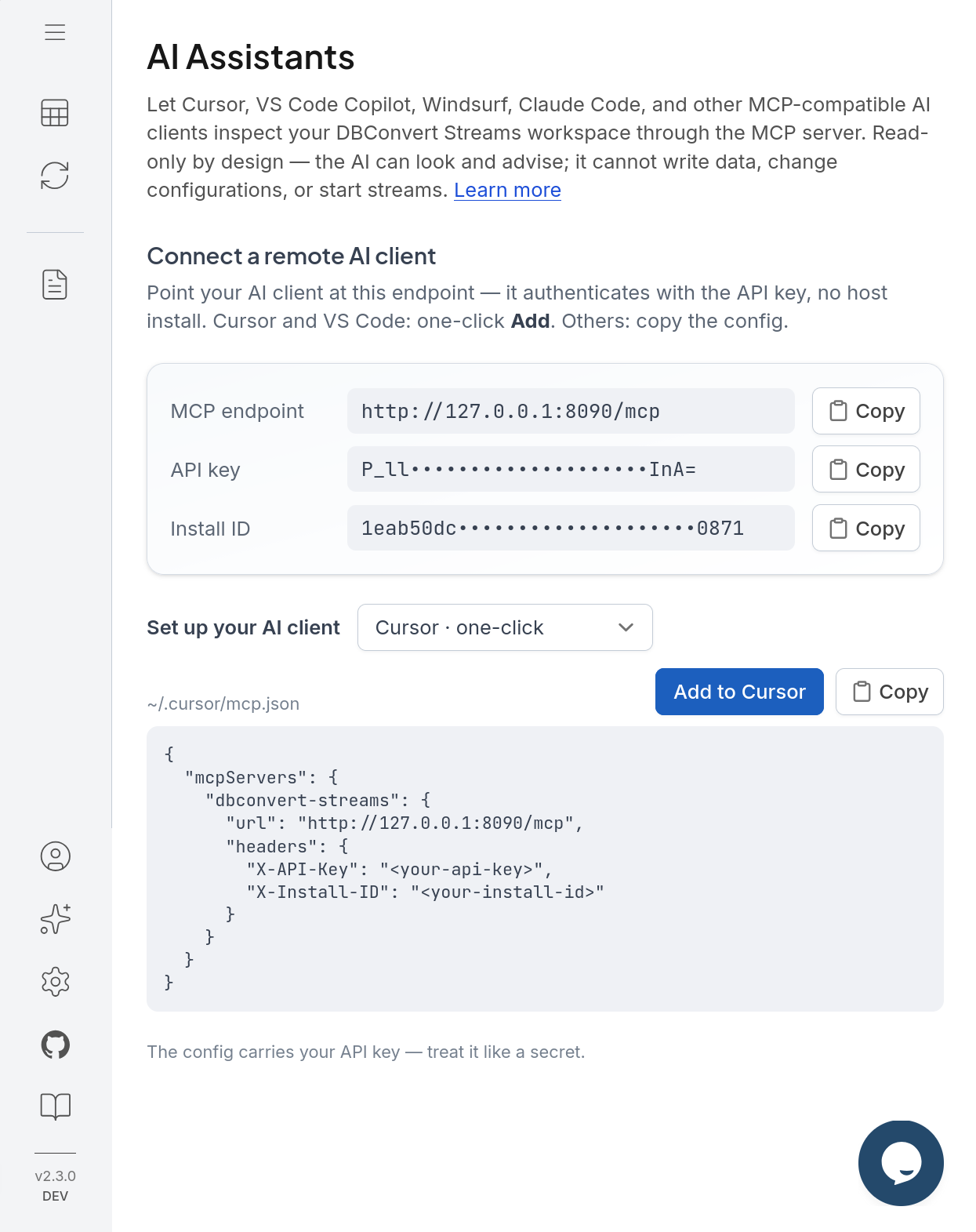 AI Assistants panel in the web UI: MCP endpoint, API key and Install ID, a client picker, and a one-click Add button for Cursor