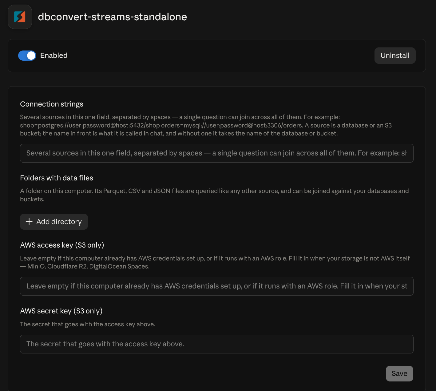 The extension's settings in Claude: a Connection strings field, an Add directory button for folders of data files, and the two optional AWS key fields