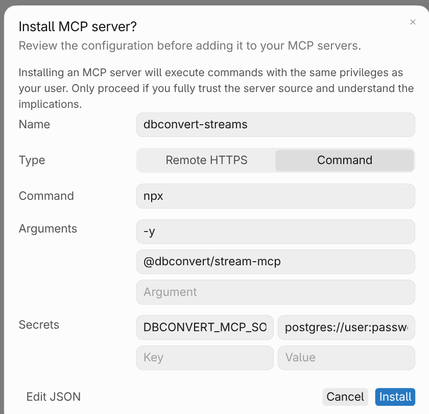 Cursor's Install MCP server dialog, showing the command, its arguments, and a DBCONVERT_MCP_SOURCES field holding the connection string