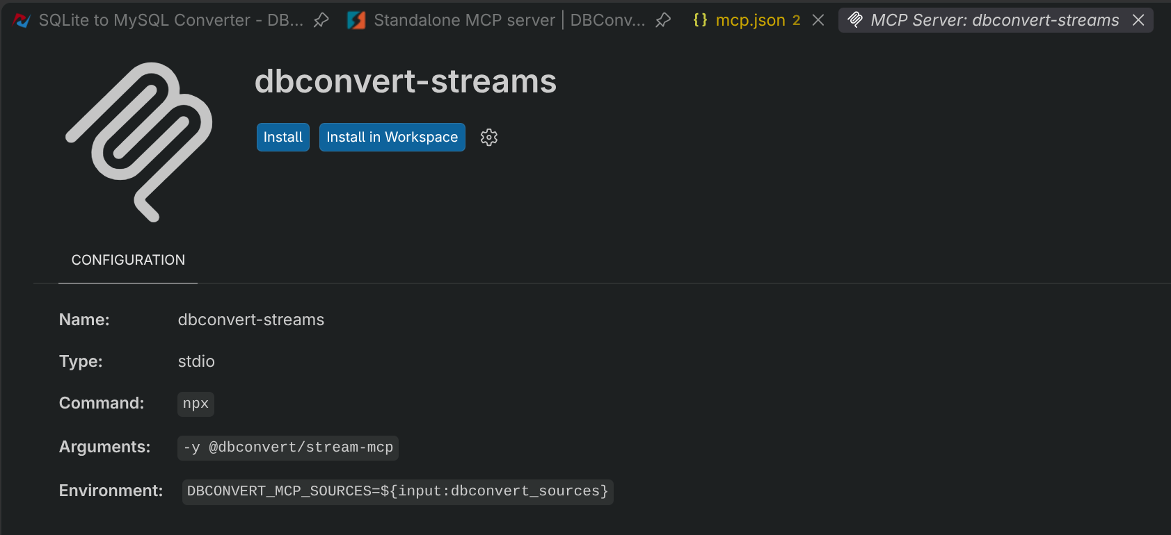 The dbconvert-streams page in VS Code, with Install and Install in Workspace buttons above the command, arguments and environment it is about to add