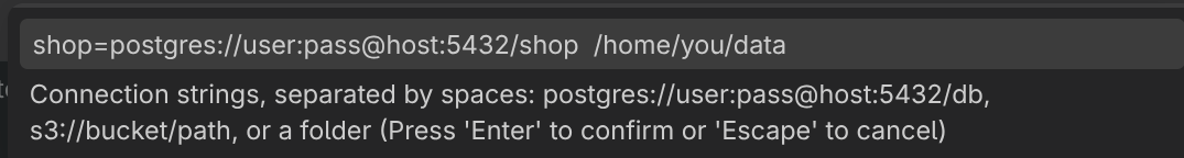VS Code prompting for connection strings, with a PostgreSQL DSN and a folder path entered in the same field