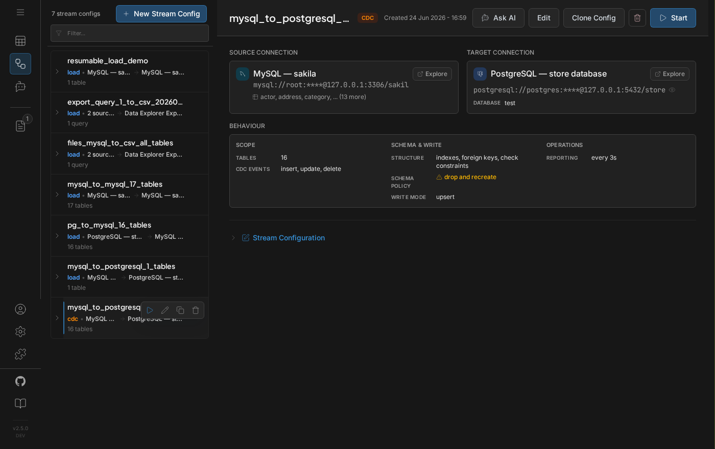 CDC stream configuration showing source and target connections, CDC events, schema policy, and write mode