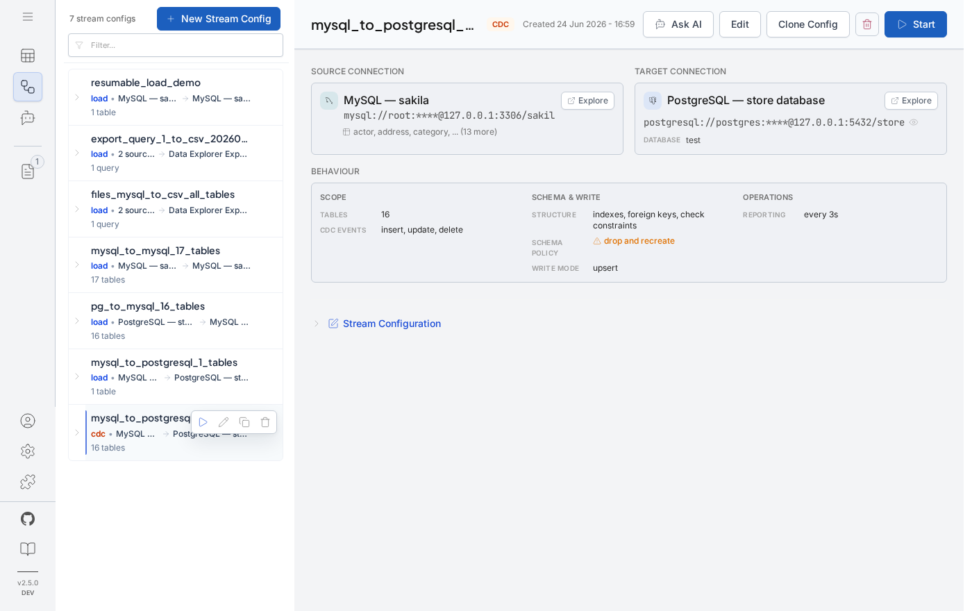 CDC stream configuration showing source and target connections, CDC events, schema policy, and write mode
