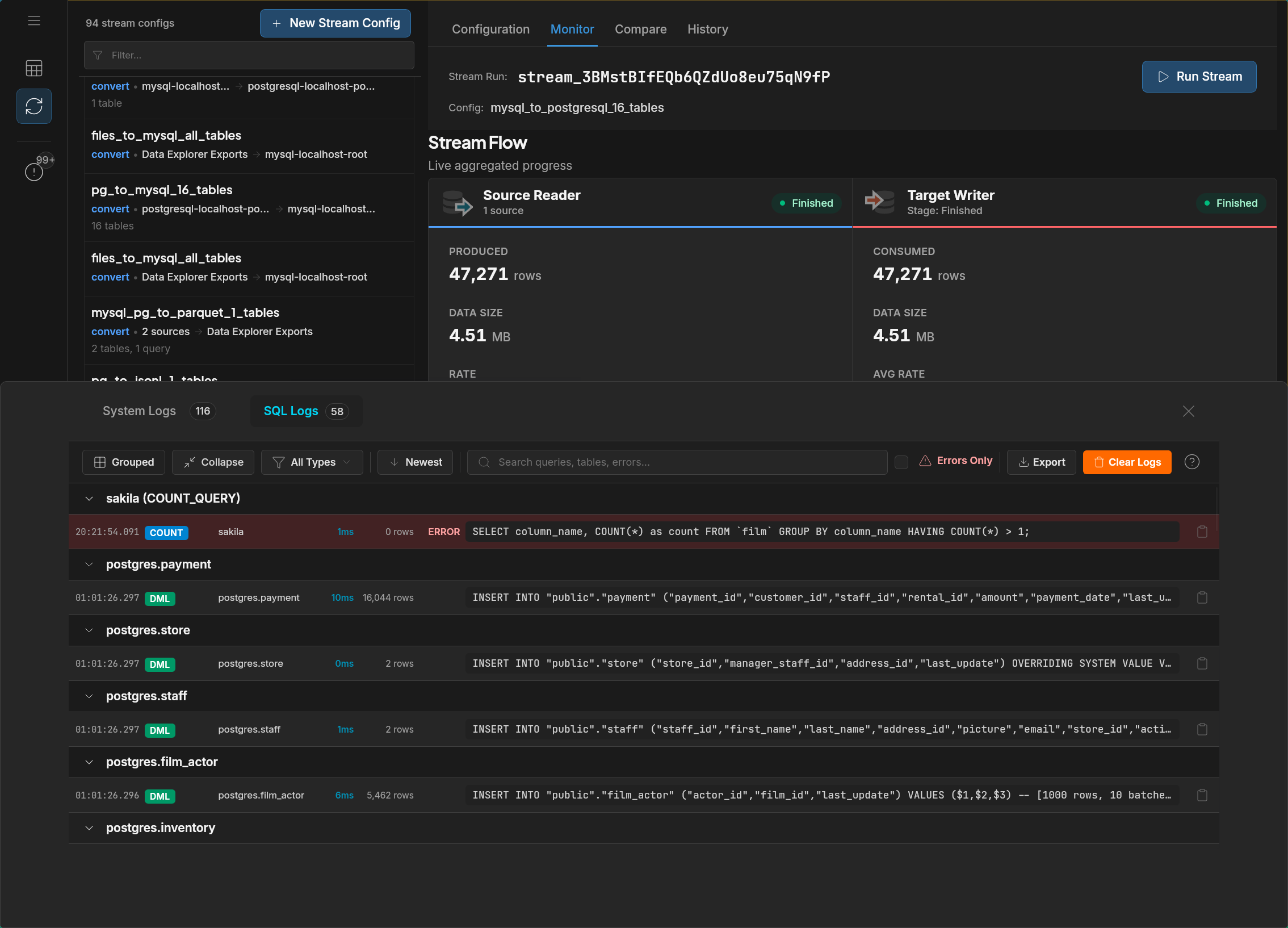 SQL Logs panel showing query execution logs with timing