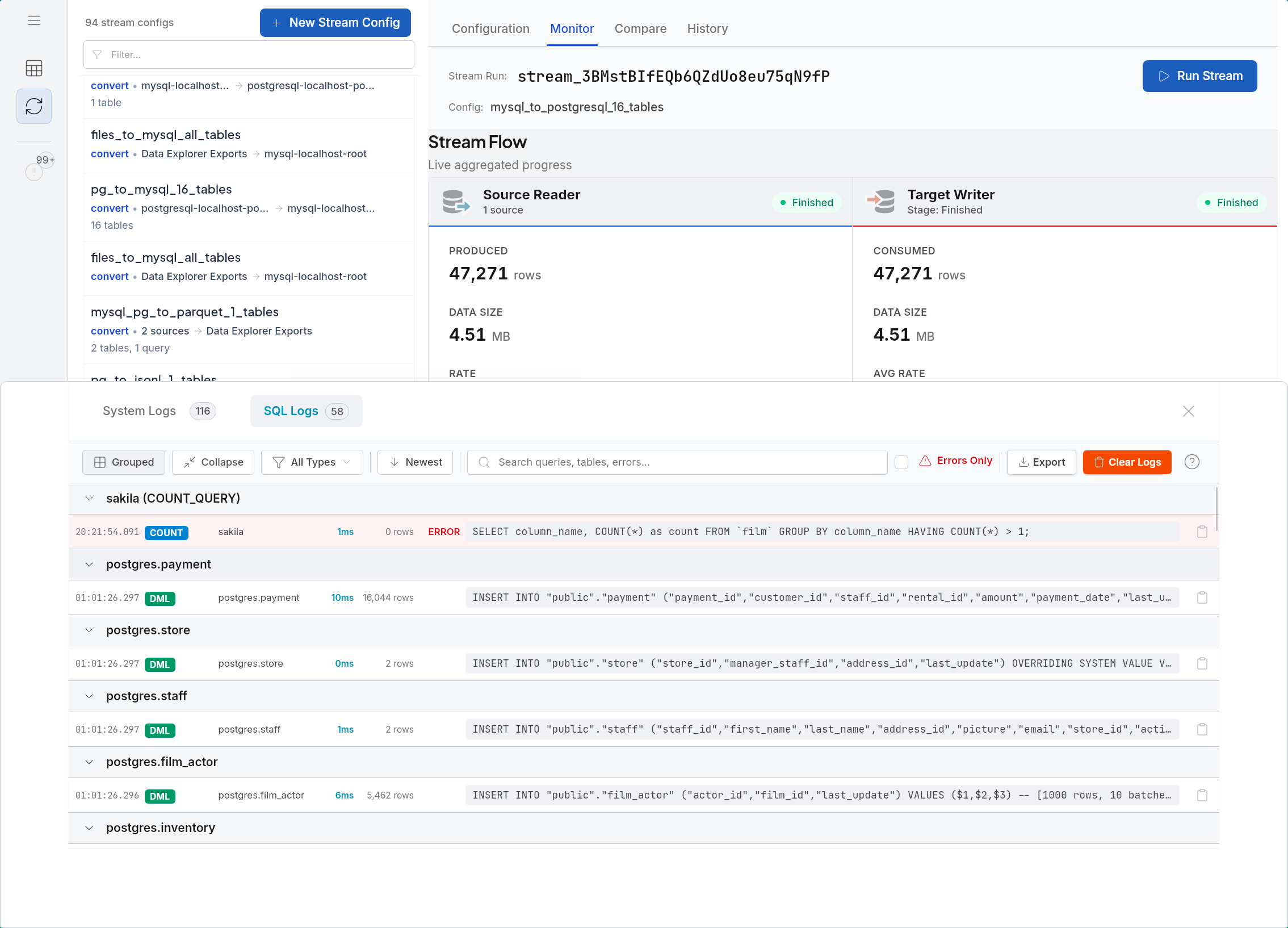 SQL Logs panel showing query execution logs with timing