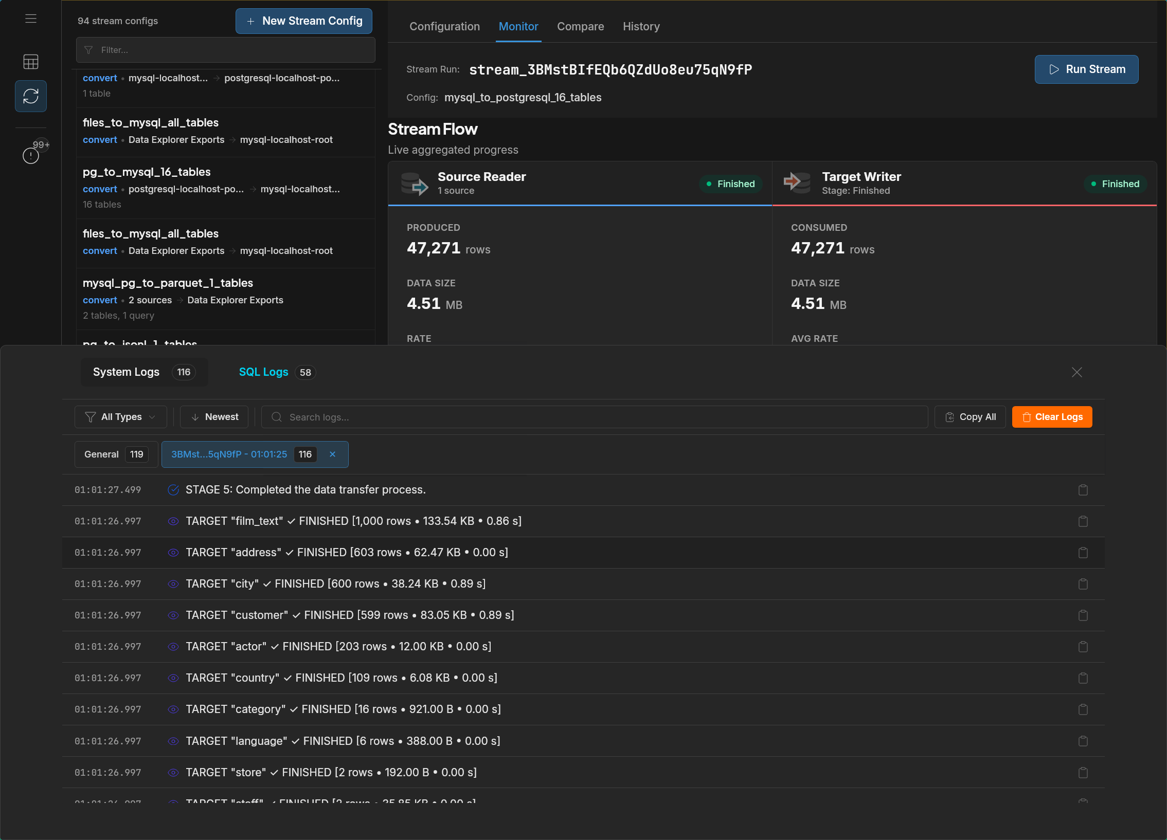 System Logs panel showing stream progress and completion events