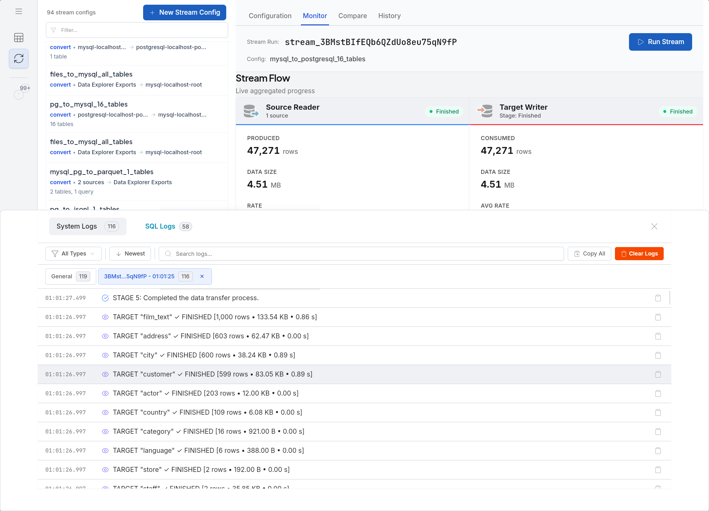 System Logs panel showing stream progress and completion events