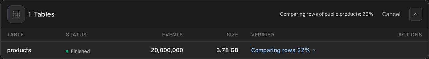 Tables card while rows are being compared: 27% progress and a Cancel button