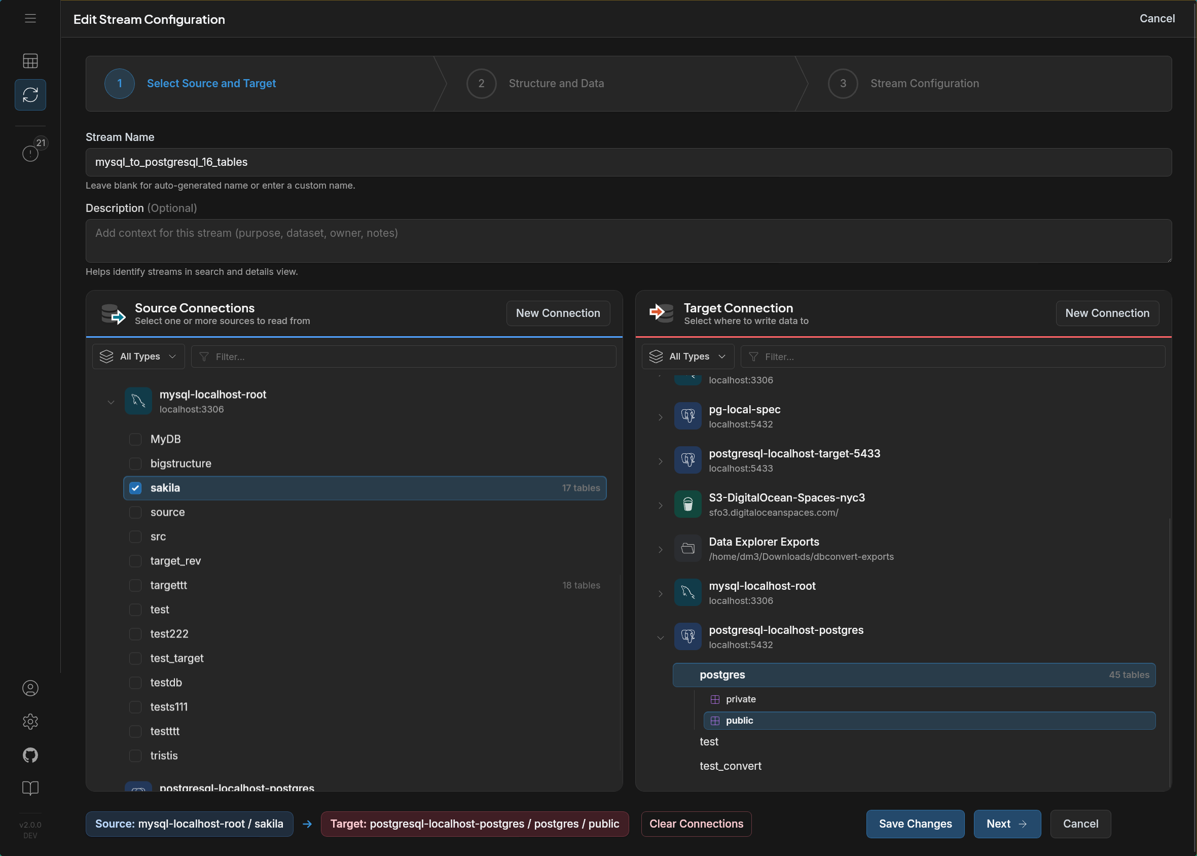 Select source and target connections for a stream