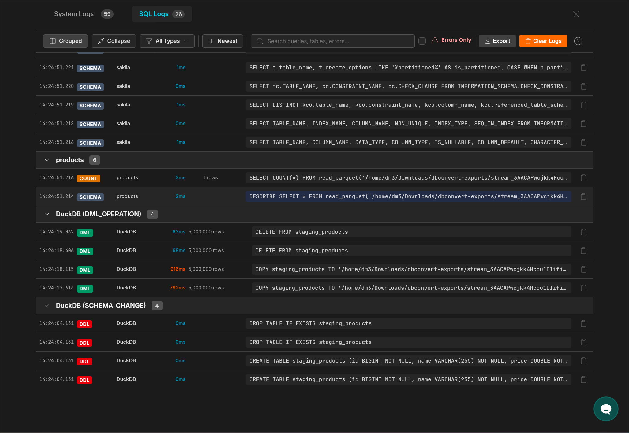 SQL logs panel showing grouped queries, filters, durations, and expanded SQL text