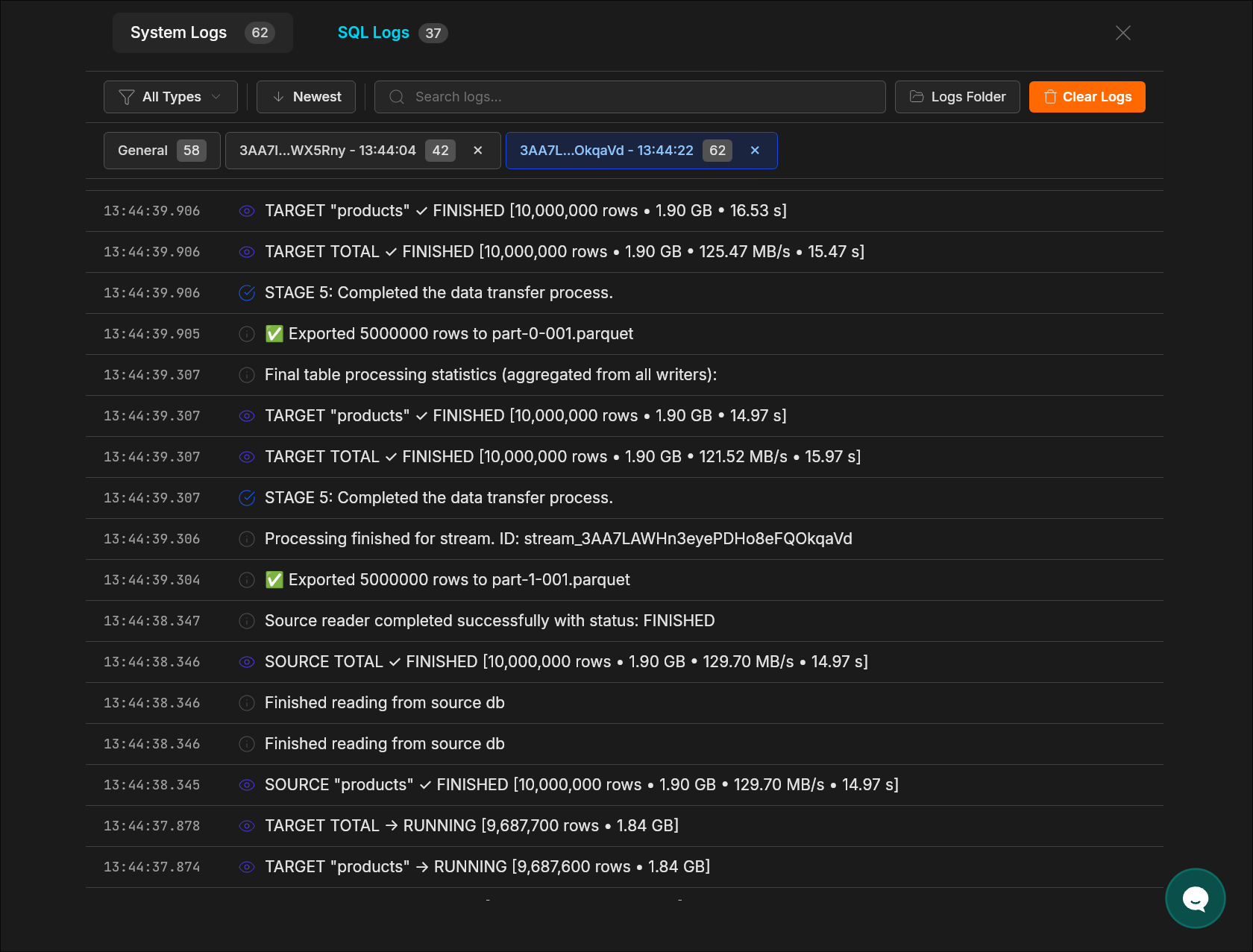 System logs view with stream stage events, transfer stats, and export entries