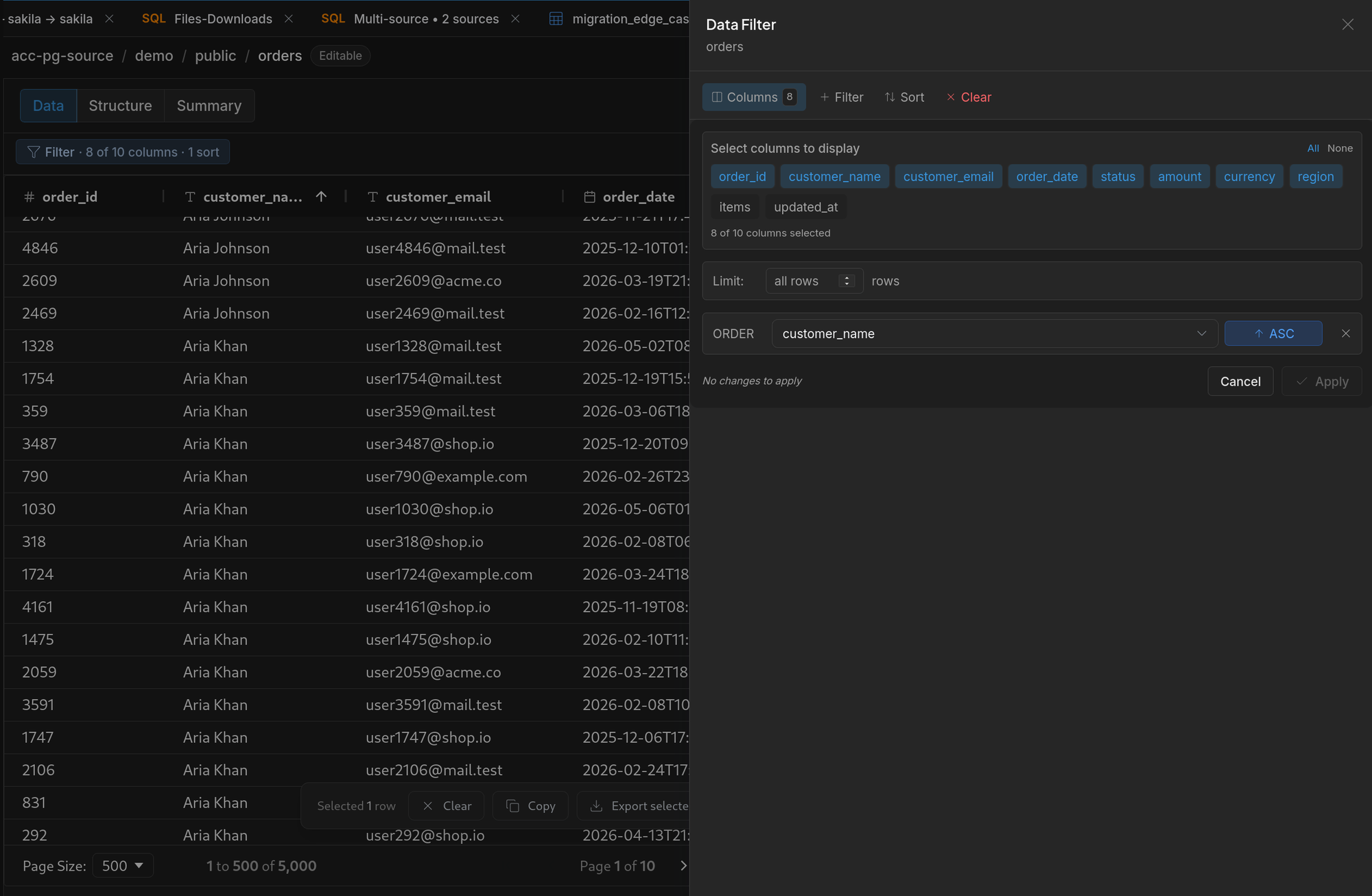 The Data Filter panel with eight of ten columns selected and a sort, and the toolbar button reporting both