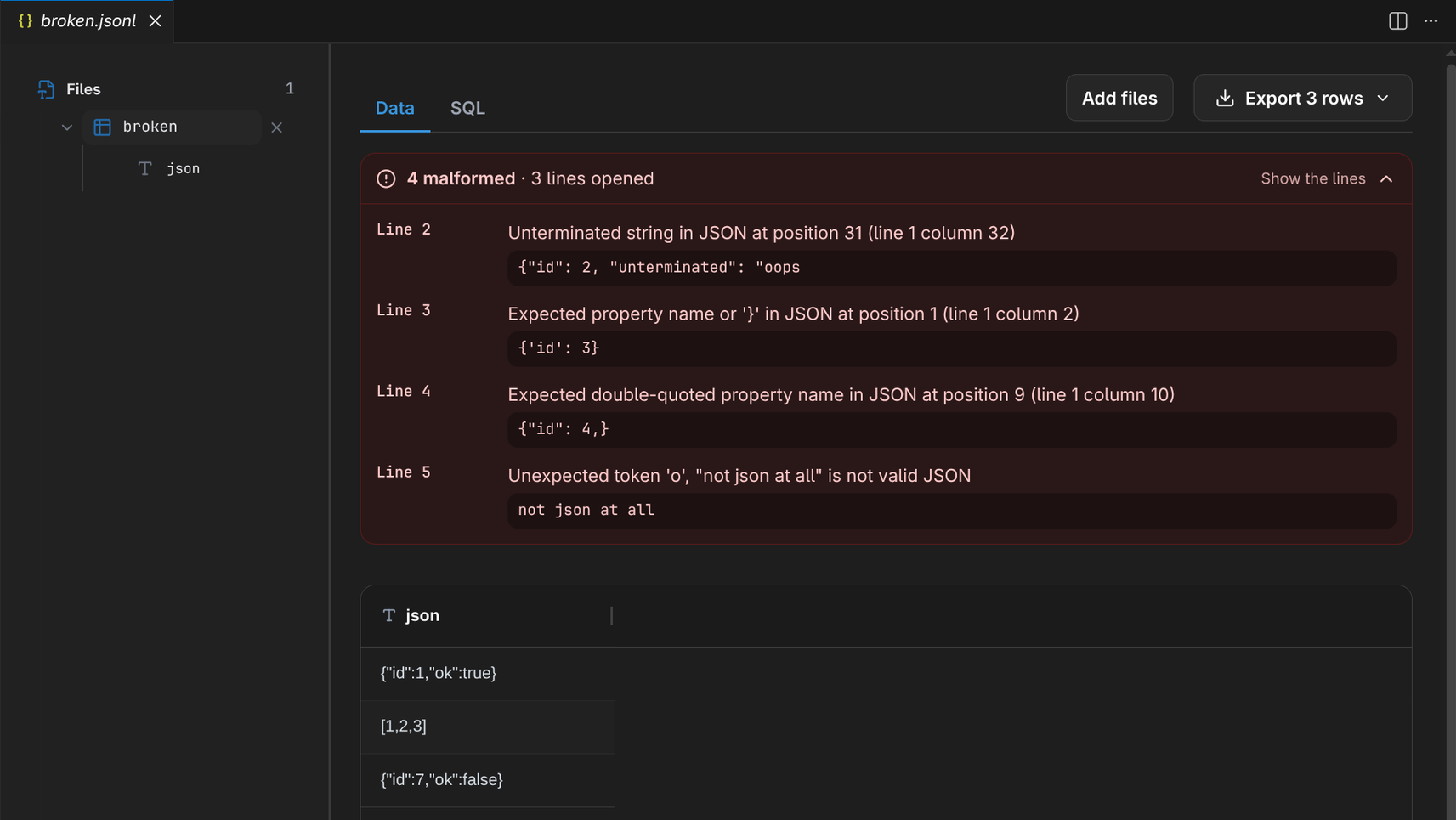 Four malformed lines listed by number, with the parse errors