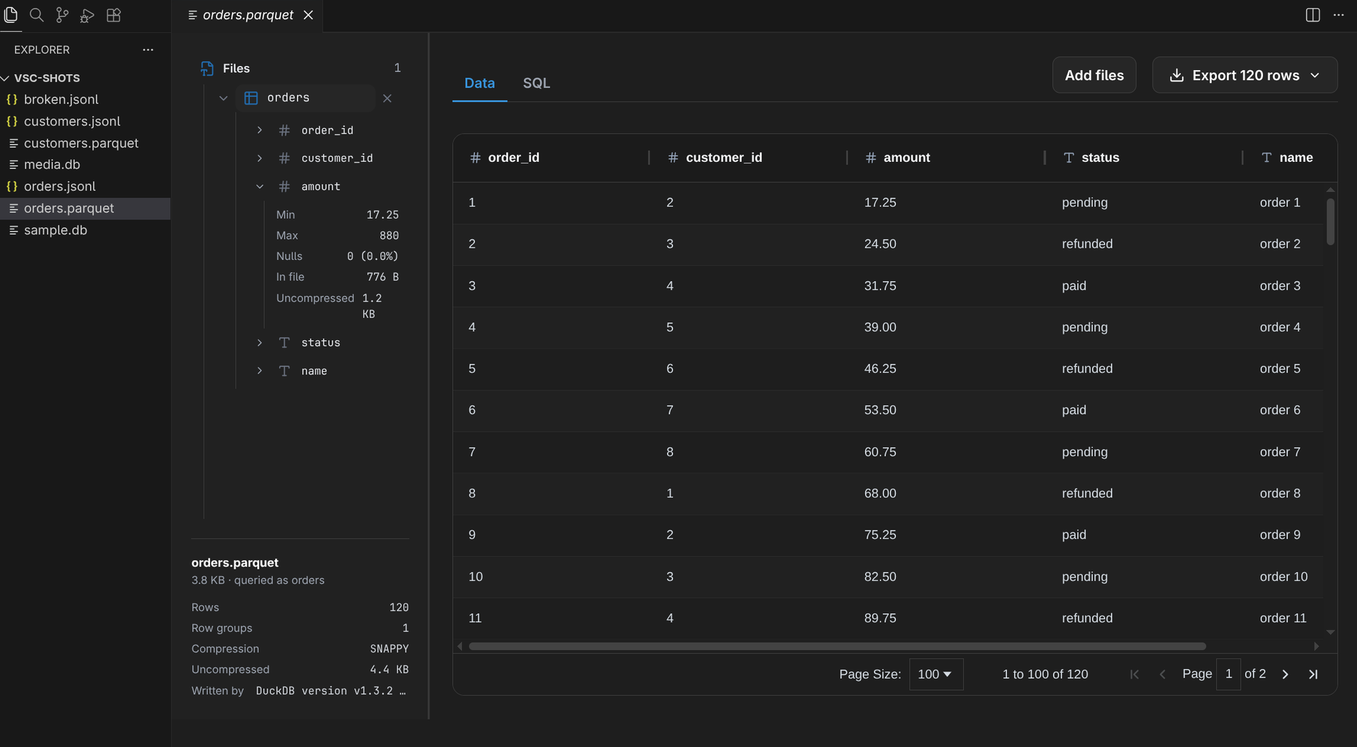 A .parquet file open in an editor tab
