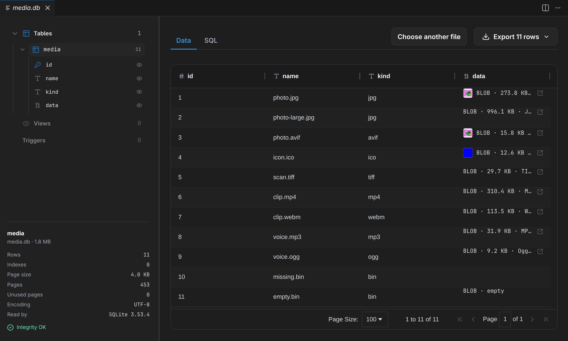 A table of BLOB values with thumbnails and detected types